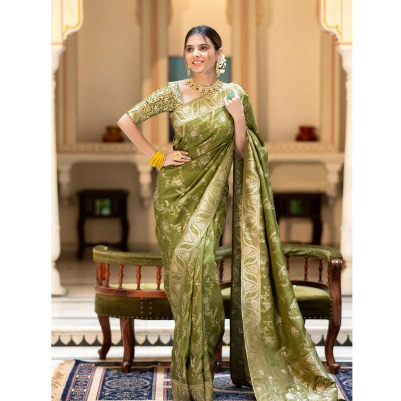 Mayawye Women's Silk Printed Saree With Unstitched Blouse 5.5Mtr (Olive Green)
