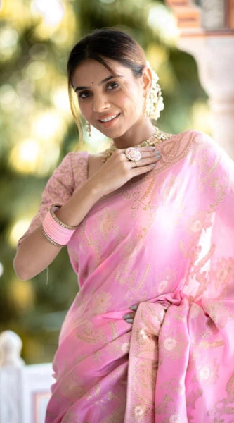 Mayawye Women's Silk Printed Saree With Unstitched Blouse 5.5Mtr (Pink)