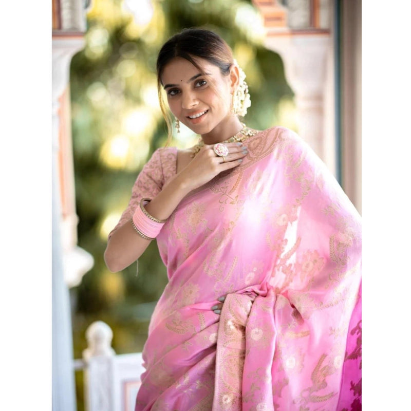 Mayawye Women's Silk Printed Saree With Unstitched Blouse 5.5Mtr (Pink)
