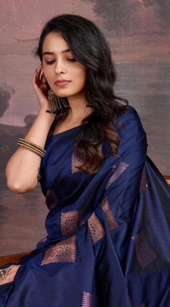 Mayawye Women's Silk Printed Saree With Unstitched Blouse 5.5Mtr (Navy Blue)