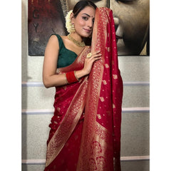 Mayawye Women's Silk Printed Saree With Unstitched Blouse 5.5Mtr (Red)