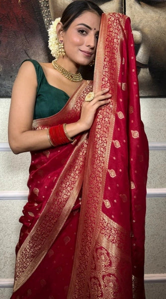 Mayawye Women's Silk Printed Saree With Unstitched Blouse 5.5Mtr (Red)