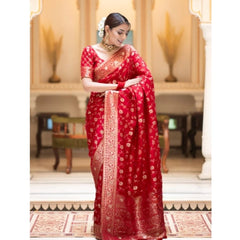 Mayawye Women's Silk Printed Saree With Unstitched Blouse 5.5Mtr (Red)