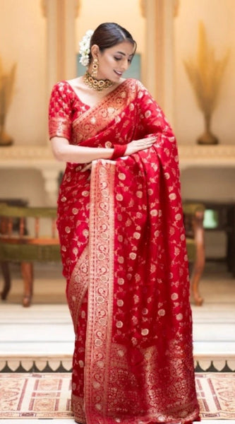 Mayawye Women's Silk Printed Saree With Unstitched Blouse 5.5Mtr (Red)