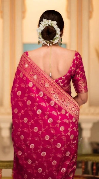 Mayawye Women's Silk Printed Saree With Unstitched Blouse 5.5Mtr (Rani Pink)