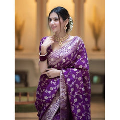 Mayawye Women's Silk Printed Saree With Unstitched Blouse 5.5Mtr (Purple)
