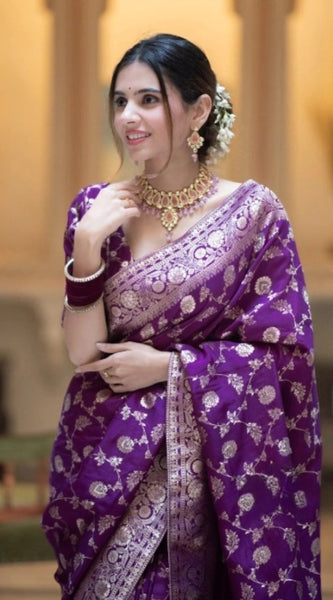 Mayawye Women's Silk Printed Saree With Unstitched Blouse 5.5Mtr (Purple)