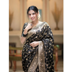 Mayawye Women's Silk Printed Saree With Unstitched Blouse 5.5Mtr (Black)