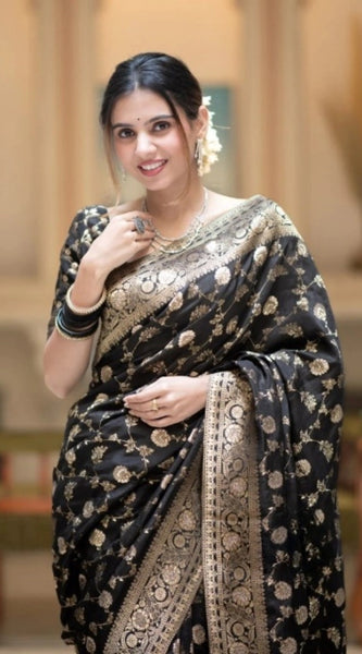 Mayawye Women's Silk Printed Saree With Unstitched Blouse 5.5Mtr (Black)