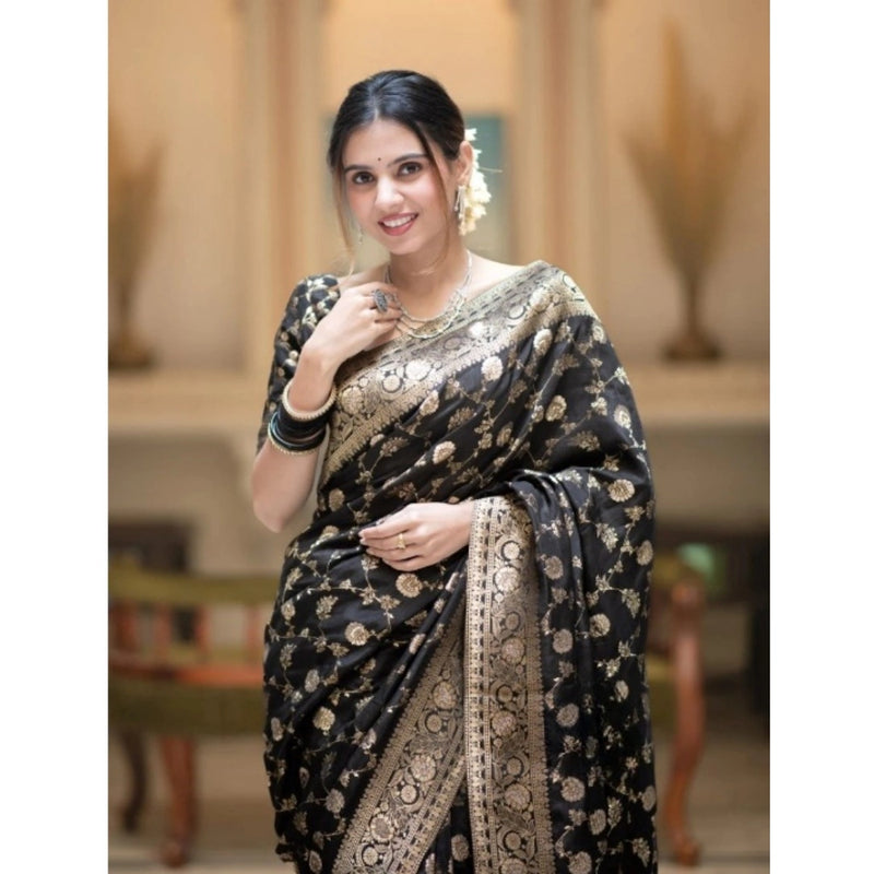 Mayawye Women's Silk Printed Saree With Unstitched Blouse 5.5Mtr (Black)