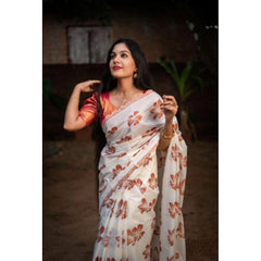 Mayawye Women's Silk Printed Saree With Unstitched Blouse 5.5Mtr (White-Orange)