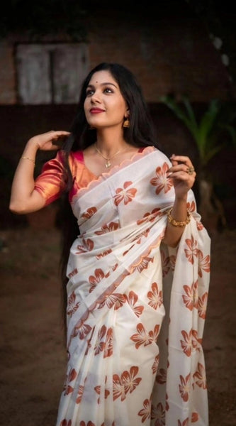Mayawye Women's Silk Printed Saree With Unstitched Blouse 5.5Mtr (White-Orange)