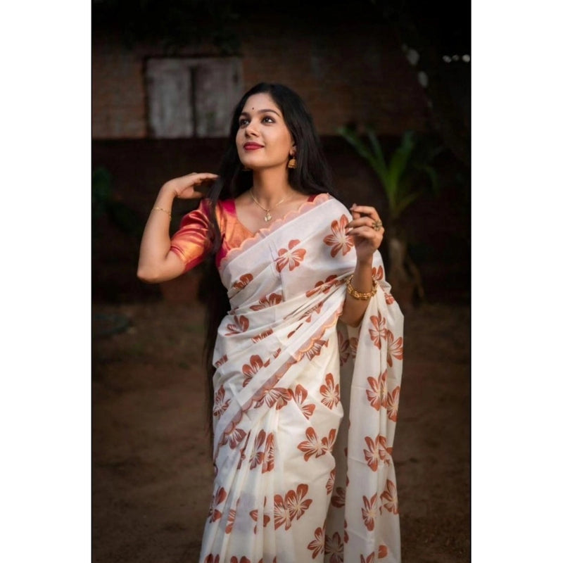 Mayawye Women's Silk Printed Saree With Unstitched Blouse 5.5Mtr (White-Orange)