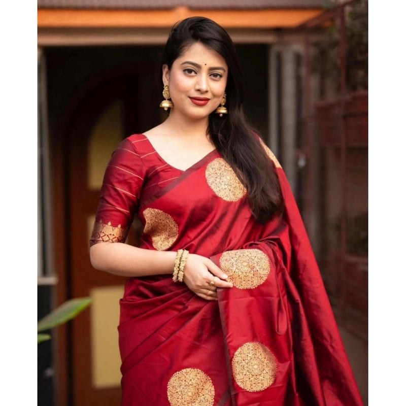 Mayawye Women's Silk Printed Saree With Unstitched Blouse 5.5Mtr (Red)