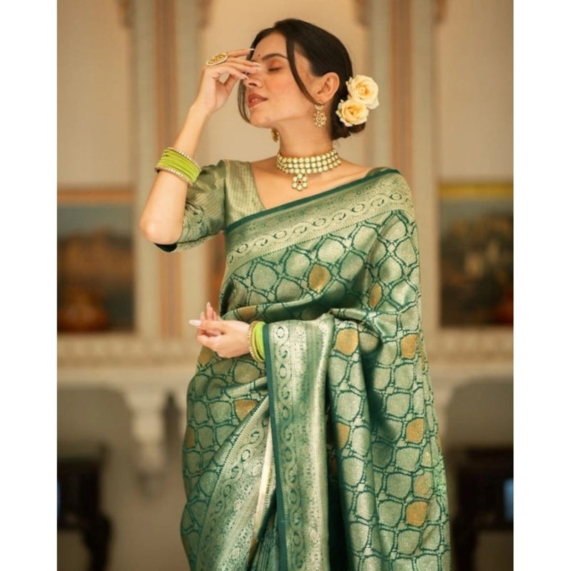 Mayawye Women's Silk Printed Saree With Unstitched Blouse 5.5Mtr (Green)