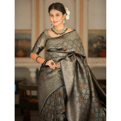 Mayawye Women's Silk Printed Saree With Unstitched Blouse 5.5Mtr (Black)
