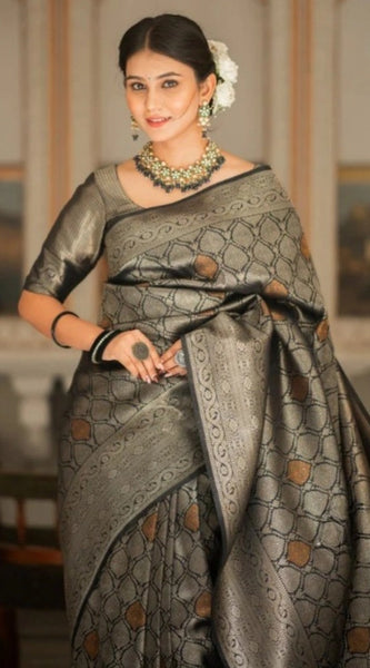 Mayawye Women's Silk Printed Saree With Unstitched Blouse 5.5Mtr (Black)