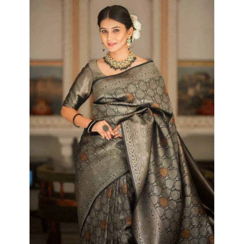 Mayawye Women's Silk Printed Saree With Unstitched Blouse 5.5Mtr (Black)