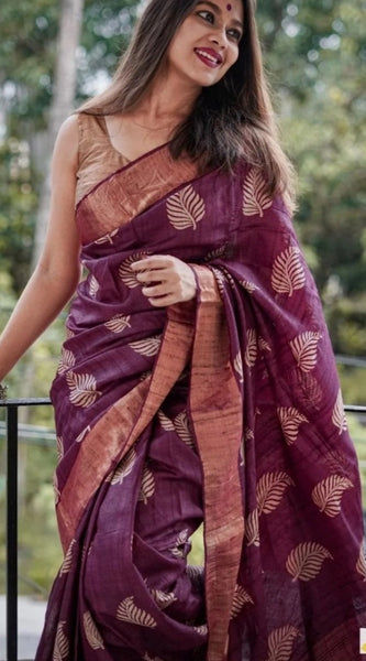 Mayawye Women's Silk Printed Saree With Unstitched Blouse 5.5Mtr (Purple)