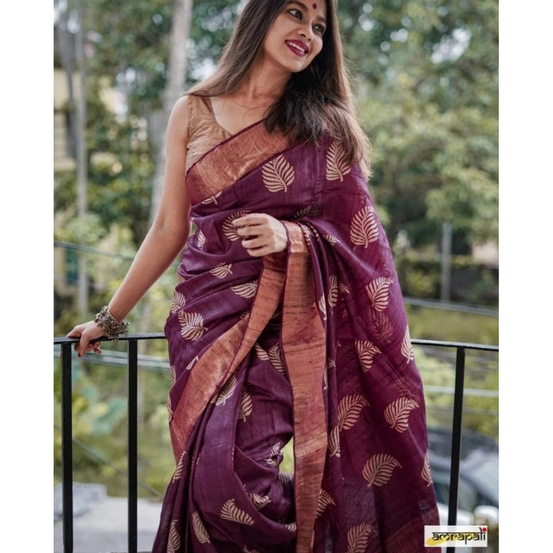 Mayawye Women's Silk Printed Saree With Unstitched Blouse 5.5Mtr (Purple)