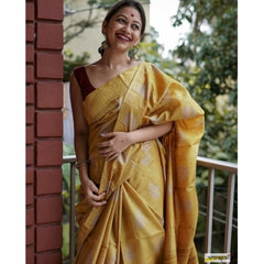 Mayawye Women's Silk Printed Saree With Unstitched Blouse 5.5Mtr (Yellow)