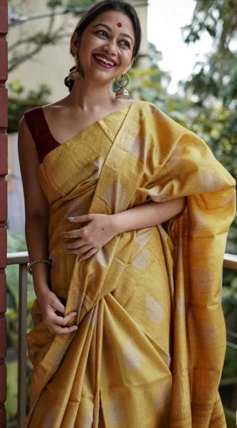 Mayawye Women's Silk Printed Saree With Unstitched Blouse 5.5Mtr (Yellow)
