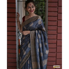 Mayawye Women's Silk Printed Saree With Unstitched Blouse 5.5Mtr (Grey)