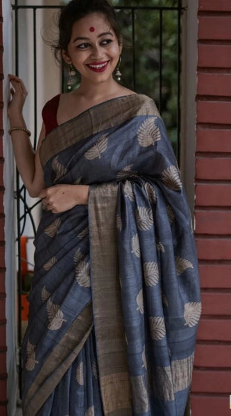 Mayawye Women's Silk Printed Saree With Unstitched Blouse 5.5Mtr (Grey)