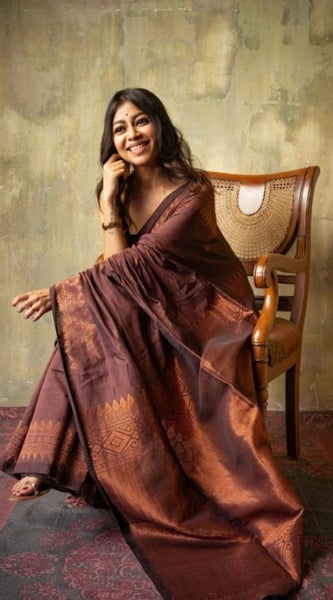 Mayawye Women's Silk Printed Saree With Unstitched Blouse 5.5Mtr (Coffee)