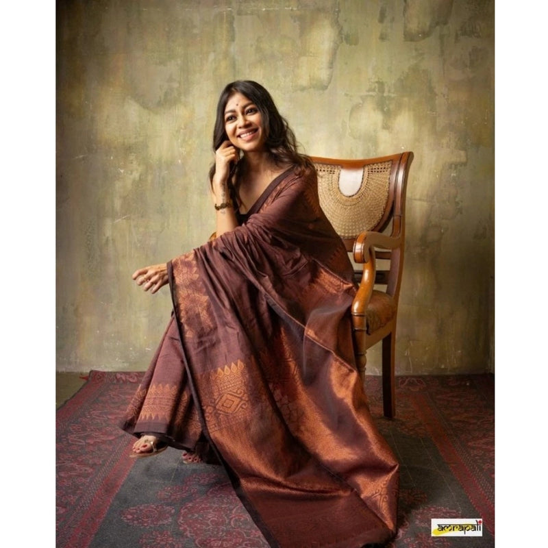 Mayawye Women's Silk Printed Saree With Unstitched Blouse 5.5Mtr (Coffee)