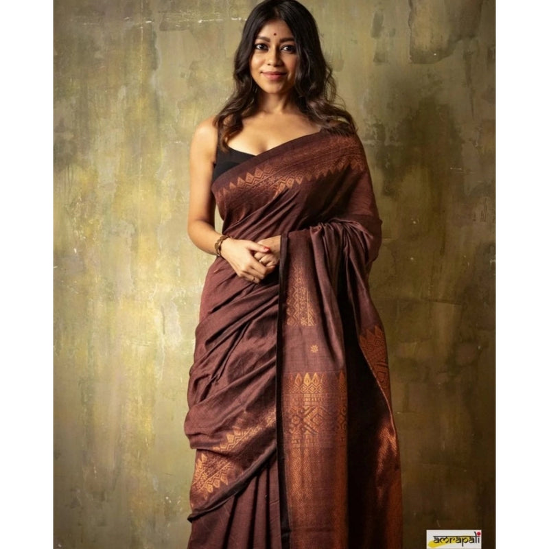 Mayawye Women's Silk Printed Saree With Unstitched Blouse 5.5Mtr (Coffee)