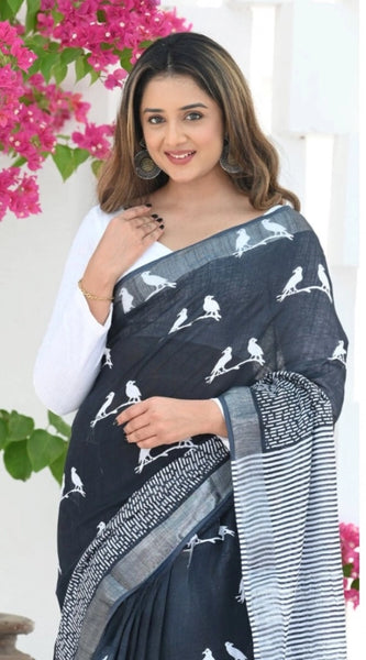 Mayawye Women's Silk Printed Saree With Unstitched Blouse 5.5Mtr (Black)