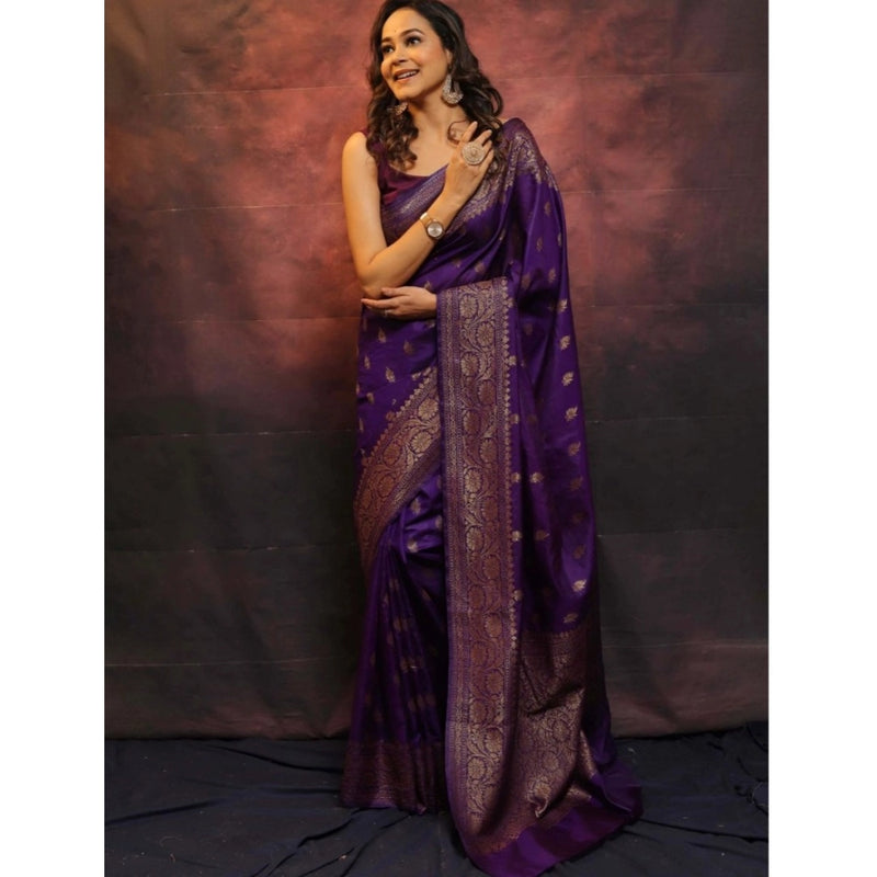 Mayawye Women's Silk Printed Saree With Unstitched Blouse 5.5Mtr (Purple)