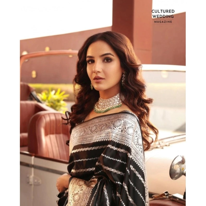 Mayawye Women's Silk Printed Saree With Unstitched Blouse 5.5Mtr (Black)