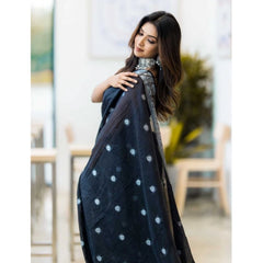 Mayawye Women's Cotton  Printed Saree With Unstitched Blouse 5.5Mtr (Black)