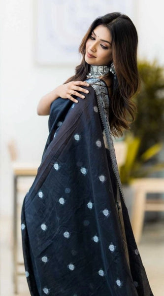 Mayawye Women's Cotton  Printed Saree With Unstitched Blouse 5.5Mtr (Black)