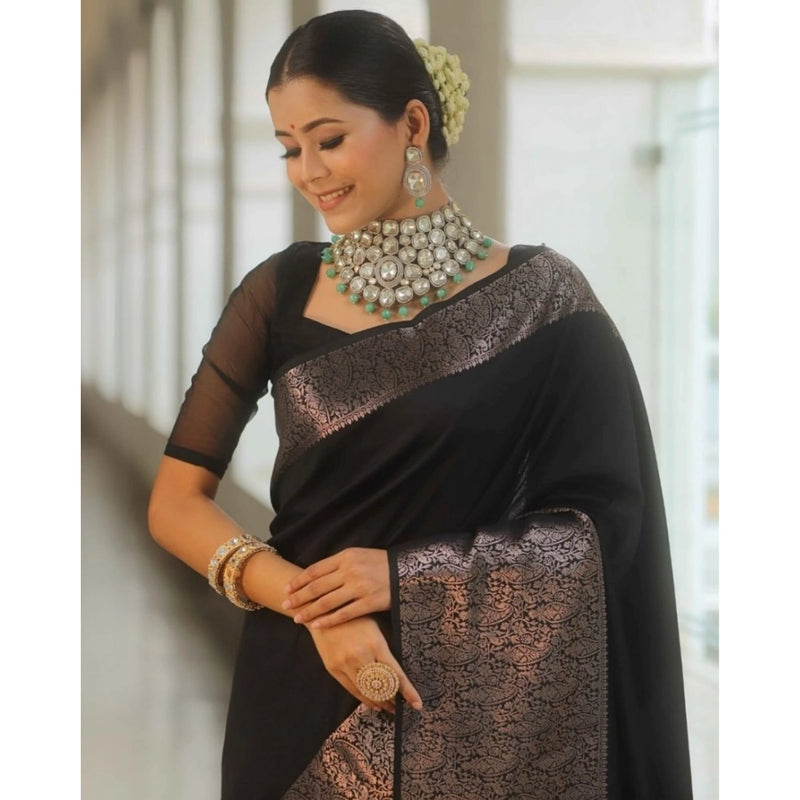 Mayawye Women's Silk Printed Saree With Unstitched Blouse 5.5Mtr (Black)
