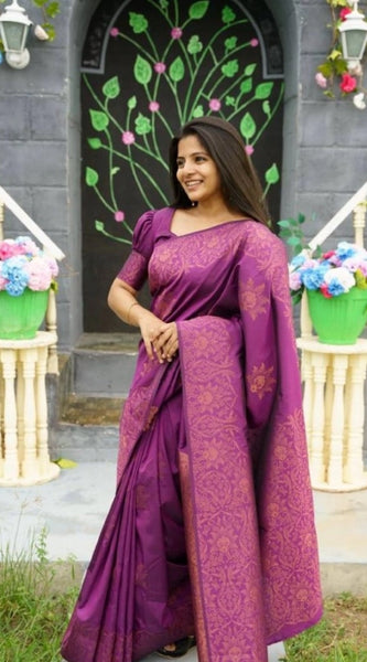 Mayawye Women's Silk Printed Saree With Unstitched Blouse 5.5Mtr (Purple)