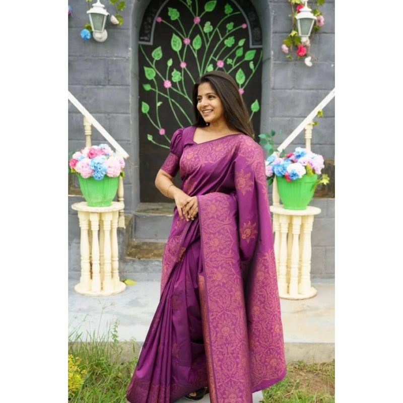 Mayawye Women's Silk Printed Saree With Unstitched Blouse 5.5Mtr (Purple)
