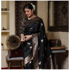 Mayawye Women's Silk Printed Saree With Unstitched Blouse 5.5Mtr (Black)