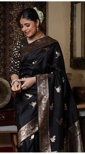 Mayawye Women's Silk Printed Saree With Unstitched Blouse 5.5Mtr (Black)