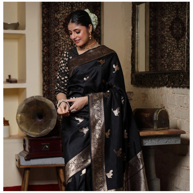 Mayawye Women's Silk Printed Saree With Unstitched Blouse 5.5Mtr (Black)