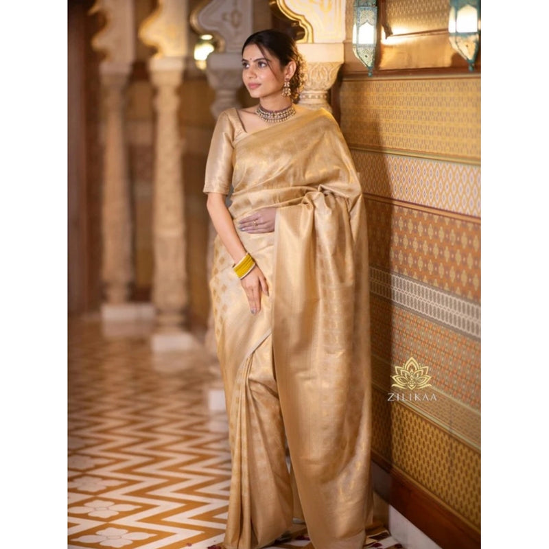 Mayawye Women's Silk Printed Saree With Unstitched Blouse 5.5Mtr (Cream)
