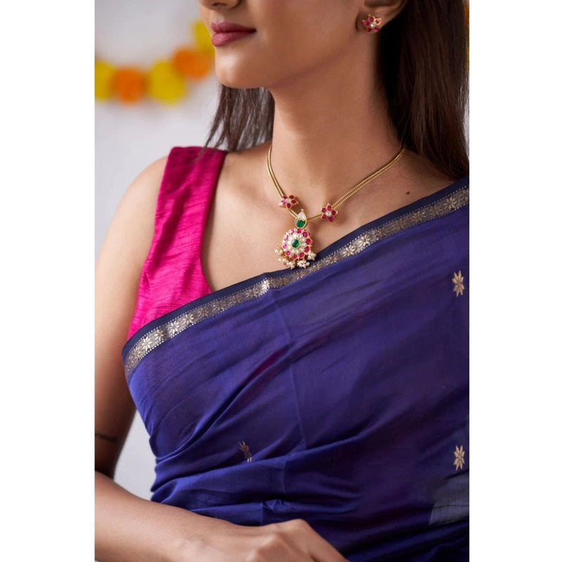 Mayawye Women's Cotton  Printed Saree With Unstitched Blouse 5.5Mtr (Blue)