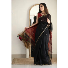 Mayawye Women's Cotton  Printed Saree With Unstitched Blouse 5.5Mtr (Black)