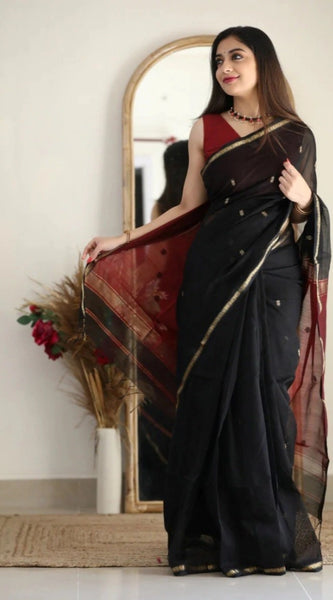 Mayawye Women's Cotton  Printed Saree With Unstitched Blouse 5.5Mtr (Black)