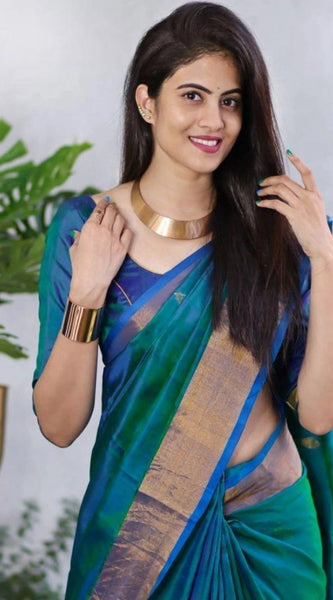 Mayawye Women's Silk Printed Saree With Unstitched Blouse 5.5Mtr (Blue)