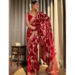 Mayawye Women's Silk Printed Saree With Unstitched Blouse 5.5Mtr (Red)