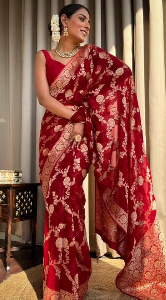 Mayawye Women's Silk Printed Saree With Unstitched Blouse 5.5Mtr (Red)