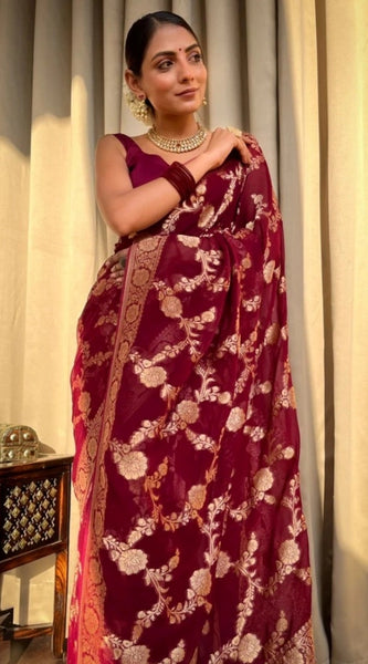 Mayawye Women's Silk Printed Saree With Unstitched Blouse 5.5Mtr (Maroon)